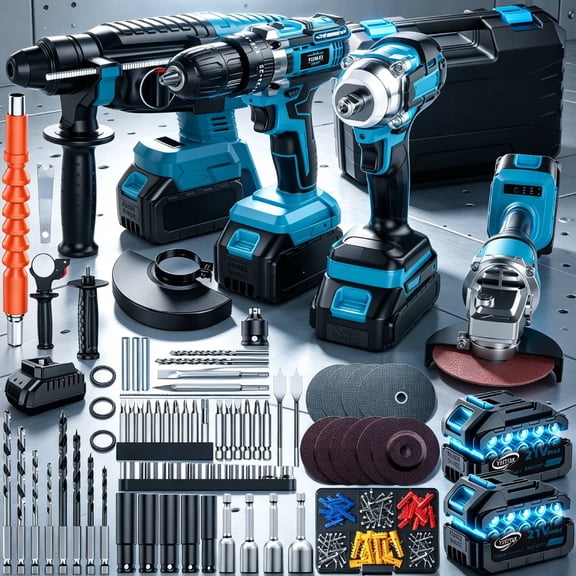 4 Set Brushless Cordless Combo Kit Power Tools, Hammer/Angle Grinder/Impact Wrench/Drill Impact Drill Set, Cordless Drill and Impact Driver Combo With Battery& Chargers for Home, DIYers,Set for Concr