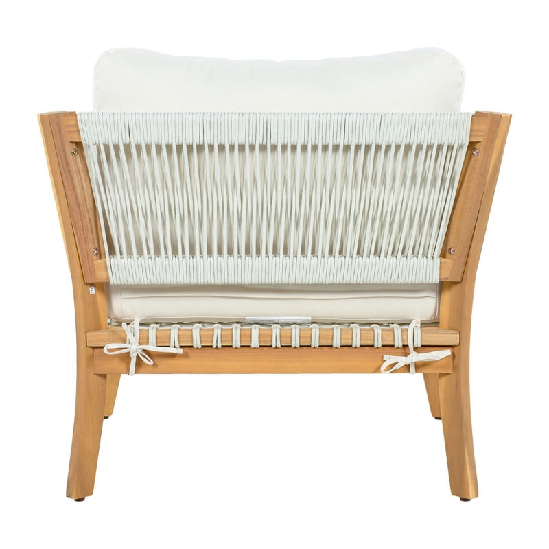 1Pcs Outdoor Acacia Wood Dining Chair with Woven Rope Armrests, Weather-Resistant Modern Accent Armchair with Thick Cushions