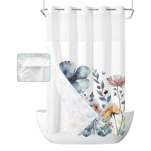 No Hook Shower Curtain with Snap in Liner, Blue Watercolor Flowers Hotel Shower Curtains for Bathroom, Washable Shower Curtain Liner Set with Mesh Top Window, 36"x78"
