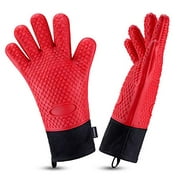 Oven Gloves, Heat Resistant Cooking Gloves Silicone Grilling Gloves Long Waterproof BBQ Kitchen Oven Mitts with Inner Cotton Layer for Barbecue, Cooking, Baking -Red