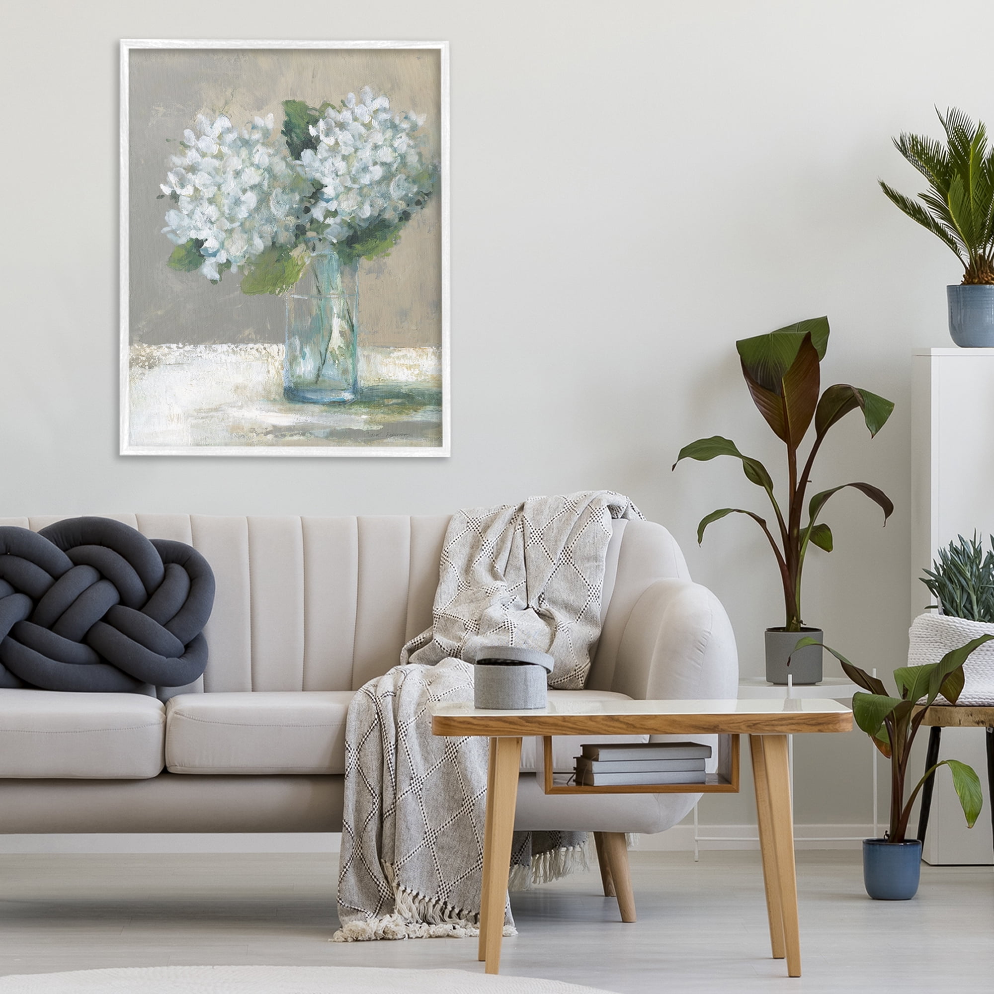 Stupell Industries White Hydrangeas Glass Vase White Framed Giclee Art, design by Carol Robinson
