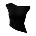thumbnail image 5 of HOMBOM Off Shoulder Tops for Women 2025 Black Cutout Pleated V-Neck Sleeveless Solid Color Tee Shirt, 5 of 6