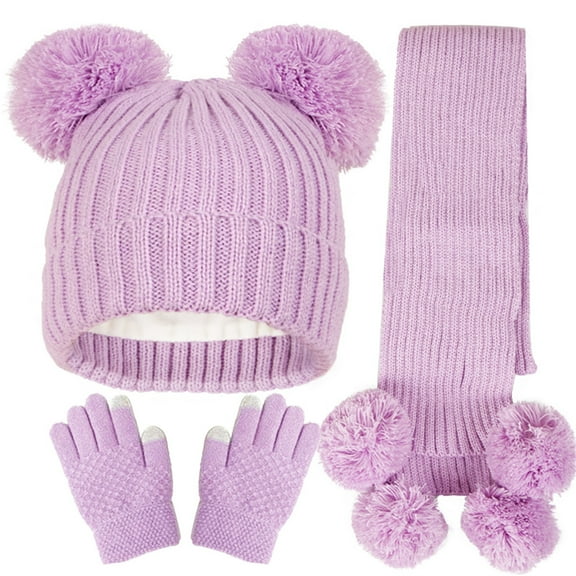 qolati 3Pcs Baby Boy Girl Winter Knit Pompom Ears Beanie Hat Scarf Touchscreen Gloves Set Warm Soft Thick Fleece Lined Skull Cap 3 in 1 Set