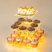 Hengbo 3-Tier Square Acrylic Cupcake Stand, With Yellow LED Lights, Dessert Tray for Birthday/Wedding/Parties