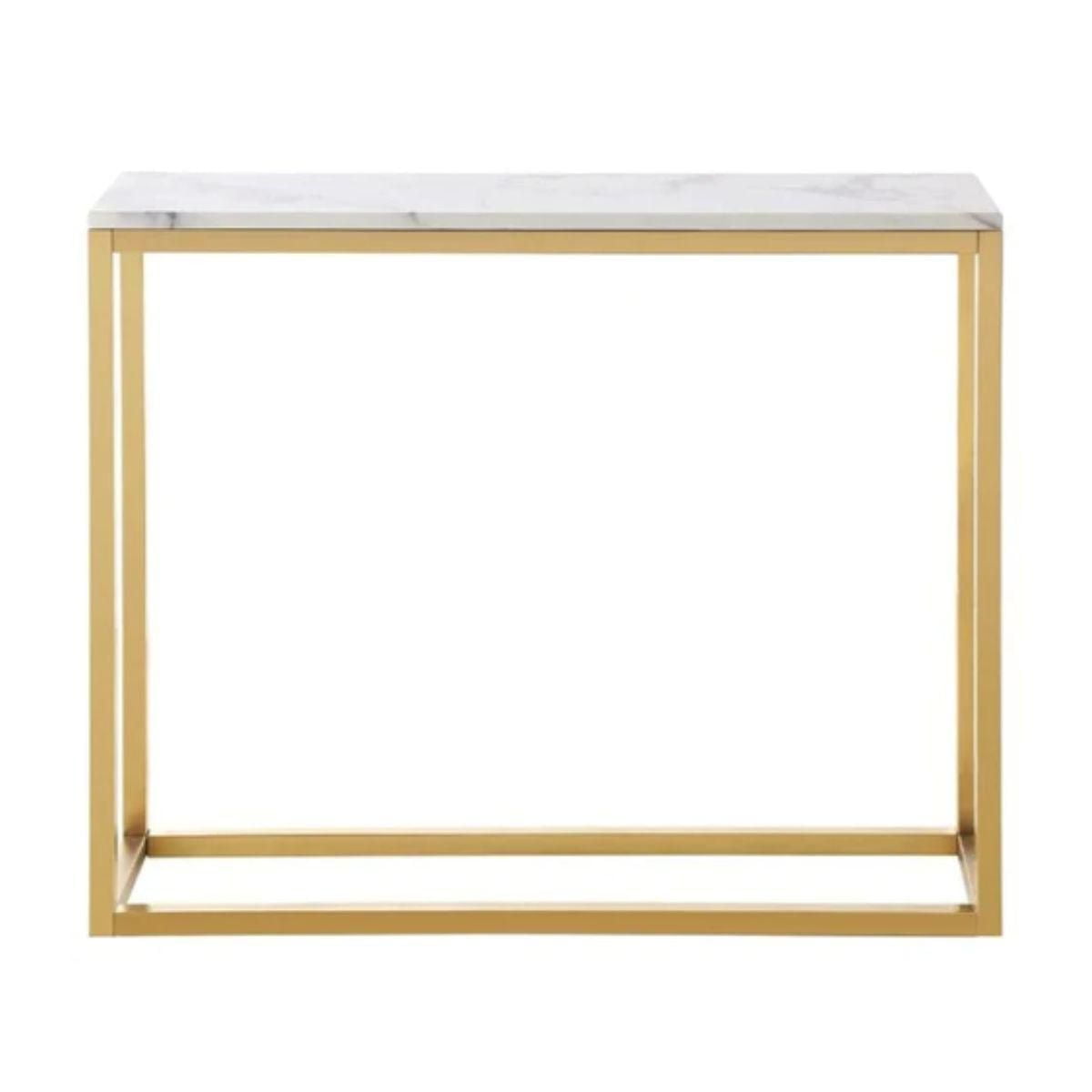 Boca Console with faux marble top and a stainless steel base in gold