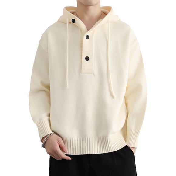 Warm Men's Hooded Jacket with Kint Button Fashionable Solid Color