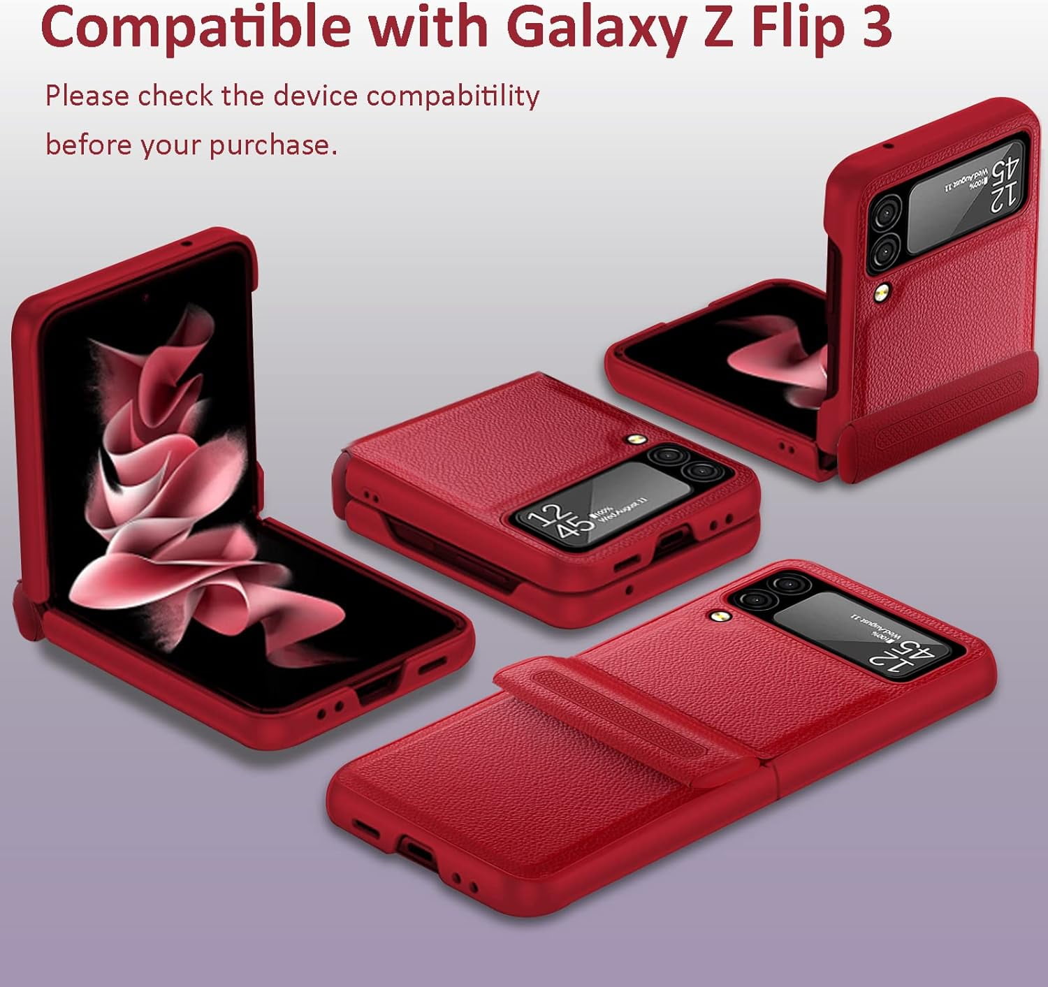 Compatible Samsung Z Flip 3 5G Case with Hinge Protection Screen Protector,All Around Protection Ultra Thin PU Leather+PC Case Galaxy Z Flip 3 Case for Samsung Flip 3 Phone Case Cute– Red