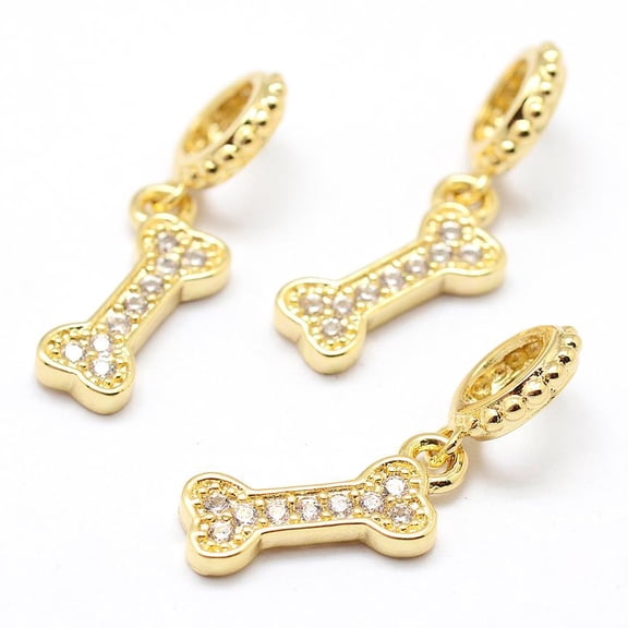 DanLingJewelry 10Pcs Brass Pave Cubic Zirconia Bone Charms Golden Color Dog Bone Dangle Pendant Beads for European Jewelry Bracelets Making
