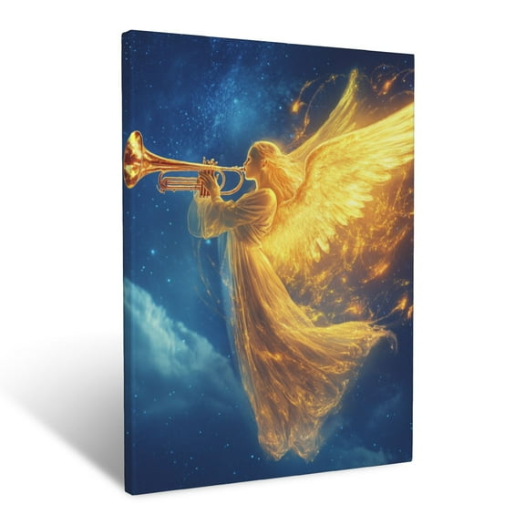 CozyNet A Glowing Angel Blowing A Trumpet In A Heavenly Sky Wall Art Prints With Frame Canvas Perfect for Living Room & Bedroom, Ready to Hang, Wall Decor 12"x16"