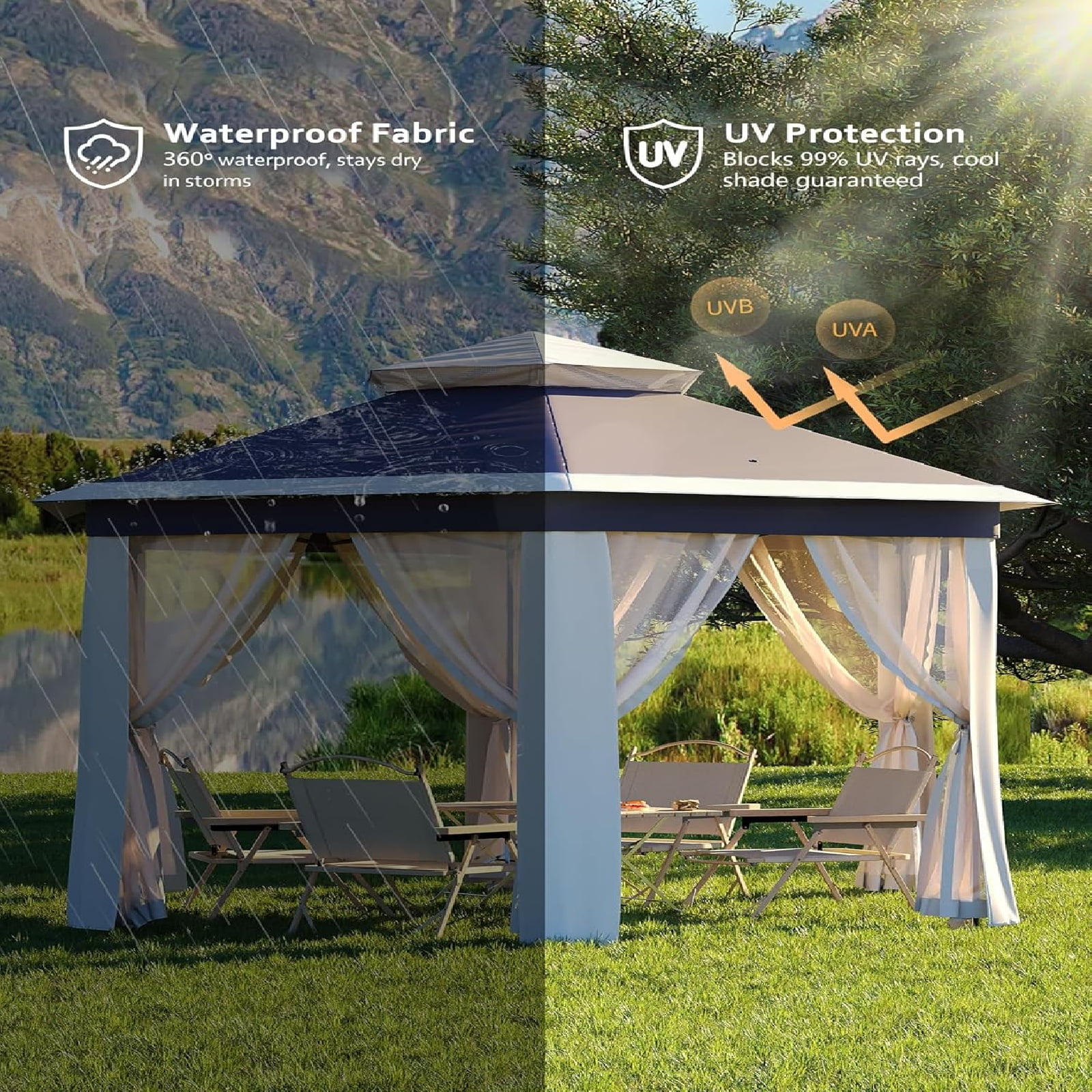 Telyswee 13'x13' Pop-up Gazebo 6 Sided Outside Patio Gazebo Outdoor Gazebo Canopy with Mosquito Netting Patio Tent Backyard Canopy with 3 Adjustable Height and 112 Square ft of Shade