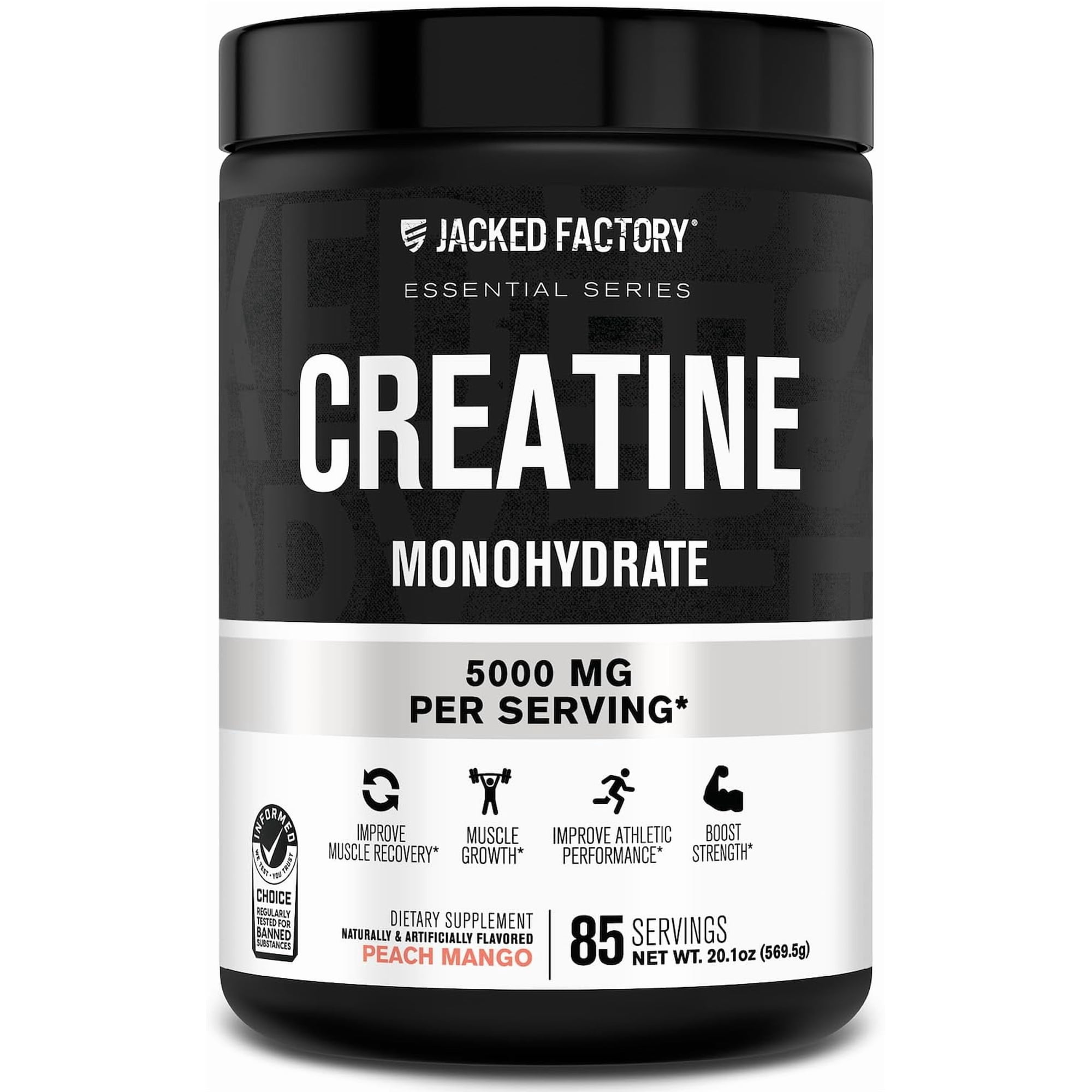 Jacked Factory Creatine Monohydrate Powder 425g - 5g Daily Creatine Supplement for Men and Women, Vegan-Friendly, Third-Party Tested - 85 Servings, Peach Mango