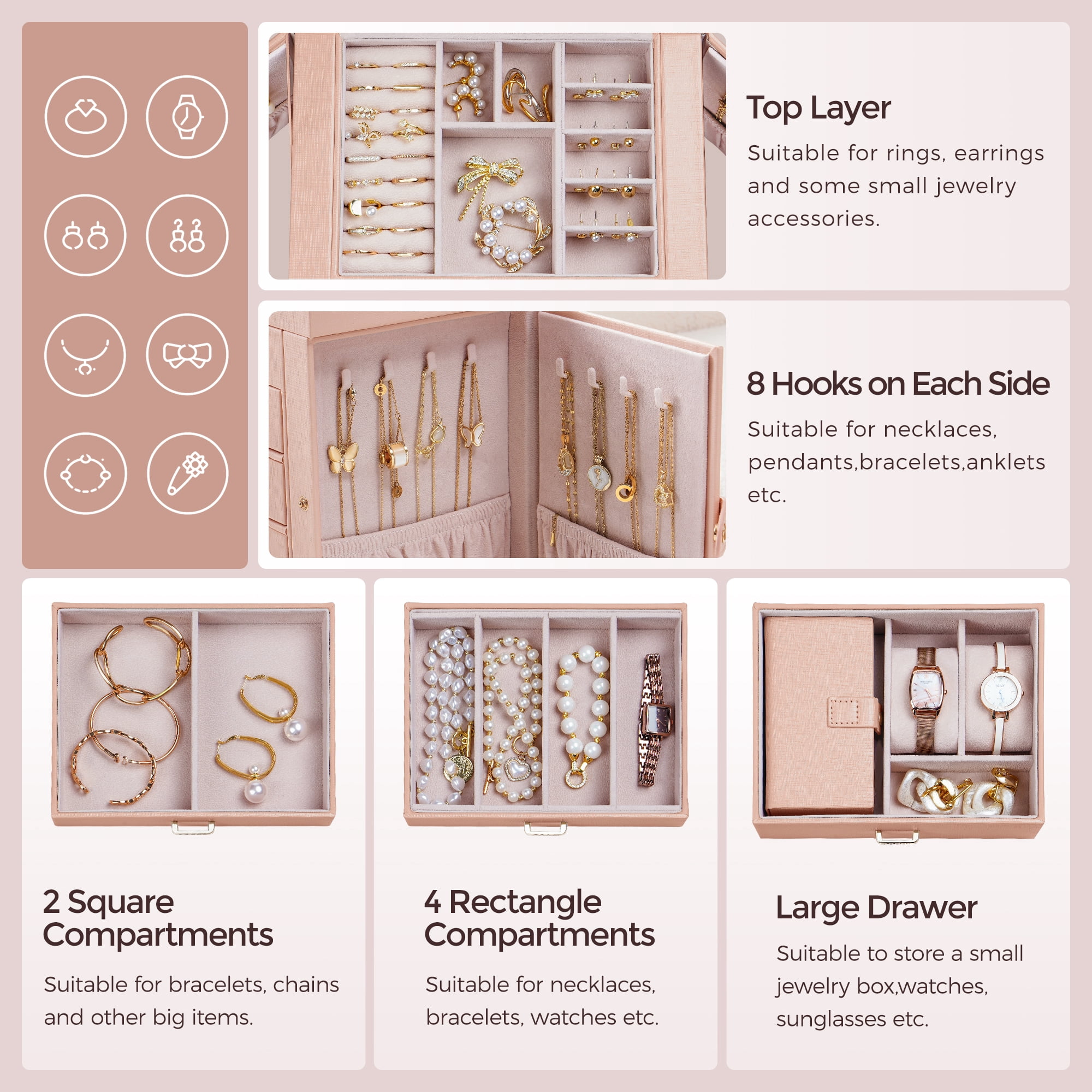 Casegrace 4-Tier Huge Jewelry Organizer with Small Jewelry Case, Built-in Large Mirror Case, 2 Side-door Necklace Display Holder, 3 Drawers Storage Jewelry Box for Earrings, Rings, Bracelets, Watches