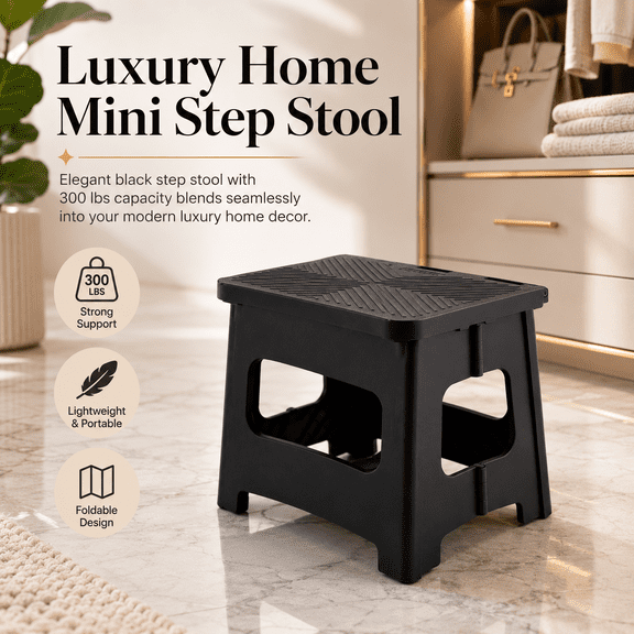 PP 9-Inch Folding Step Stool, Non-Slip Portable Stool, Black