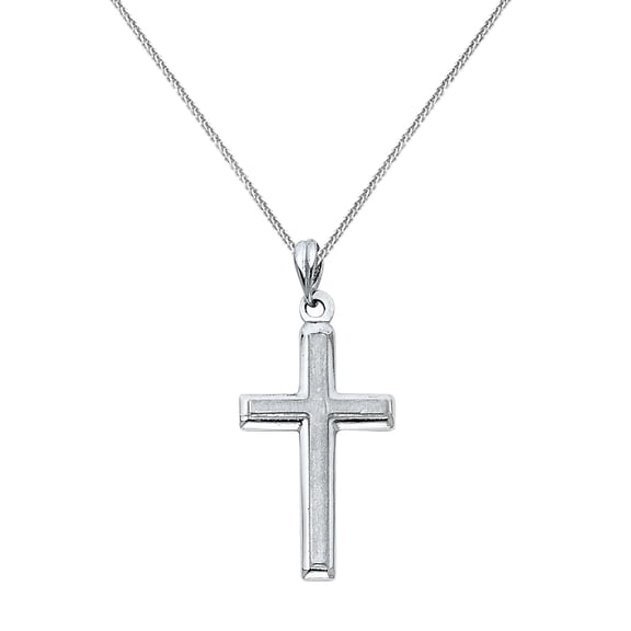 Precious Stars 14K White Solid Gold Traditional 0.90" Cross Unisex Religious Pendant with 16" Chain Necklace