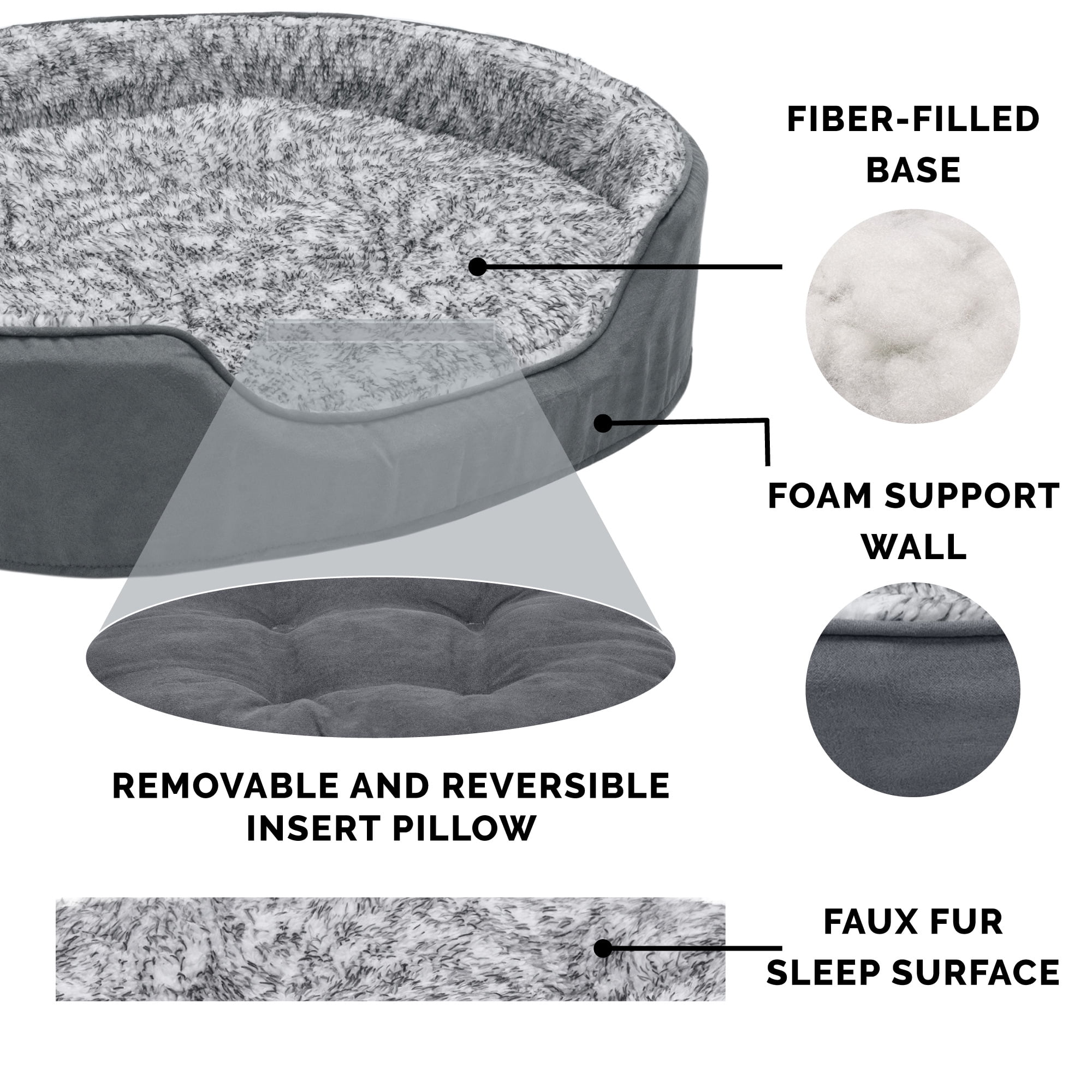 FurHaven Pet Products Two-Tone Fur & Suede Oval Pet Bed for Dogs & Cats - Extra Large, Gray