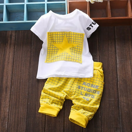 

Outfits for Kids Topspants Star 2Pcs Letter Plaid Print Round Neck Casual Sporty Style Kids formal Suits for Boys
