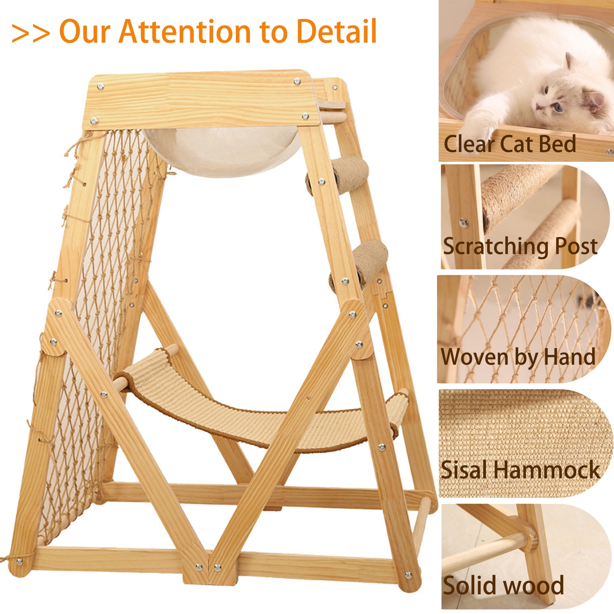 AIWFL Cat Hammock with Acrylic Cat Nest, Cat Tower for Indoor Cats with Straching Post Climbing Web and Danging Sisal Ball, Cute Solid Wood Cat Tree