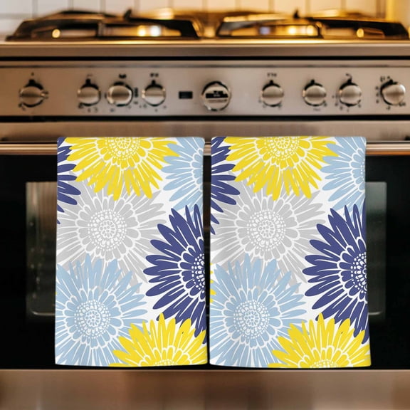 Yellow Blue Sunflowers Kitchen Towels Set of 3, Boho Retro Floral Rustic Blossom Absorbent Dish Towels for Kitchen, Microfiber Hand Towel, Quick Drying Tea Towel for Cleaning Decorative Dishcloths