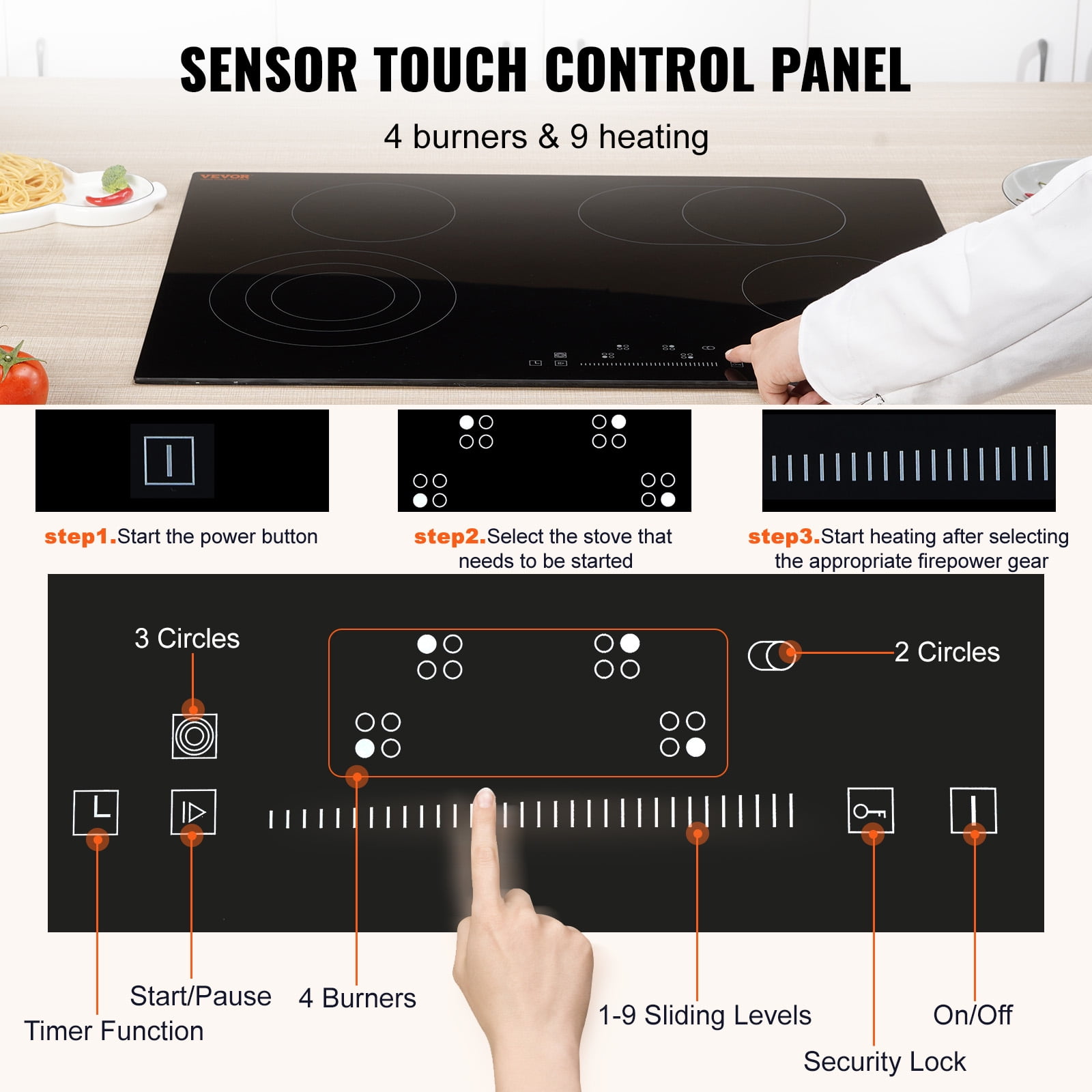 VEVOR 7200W Built-in Electric Cooktop Radiant Ceramic Induction Cooktop Cooktop 4 Burners Sensor Touch Stov 30.3''x20.5''