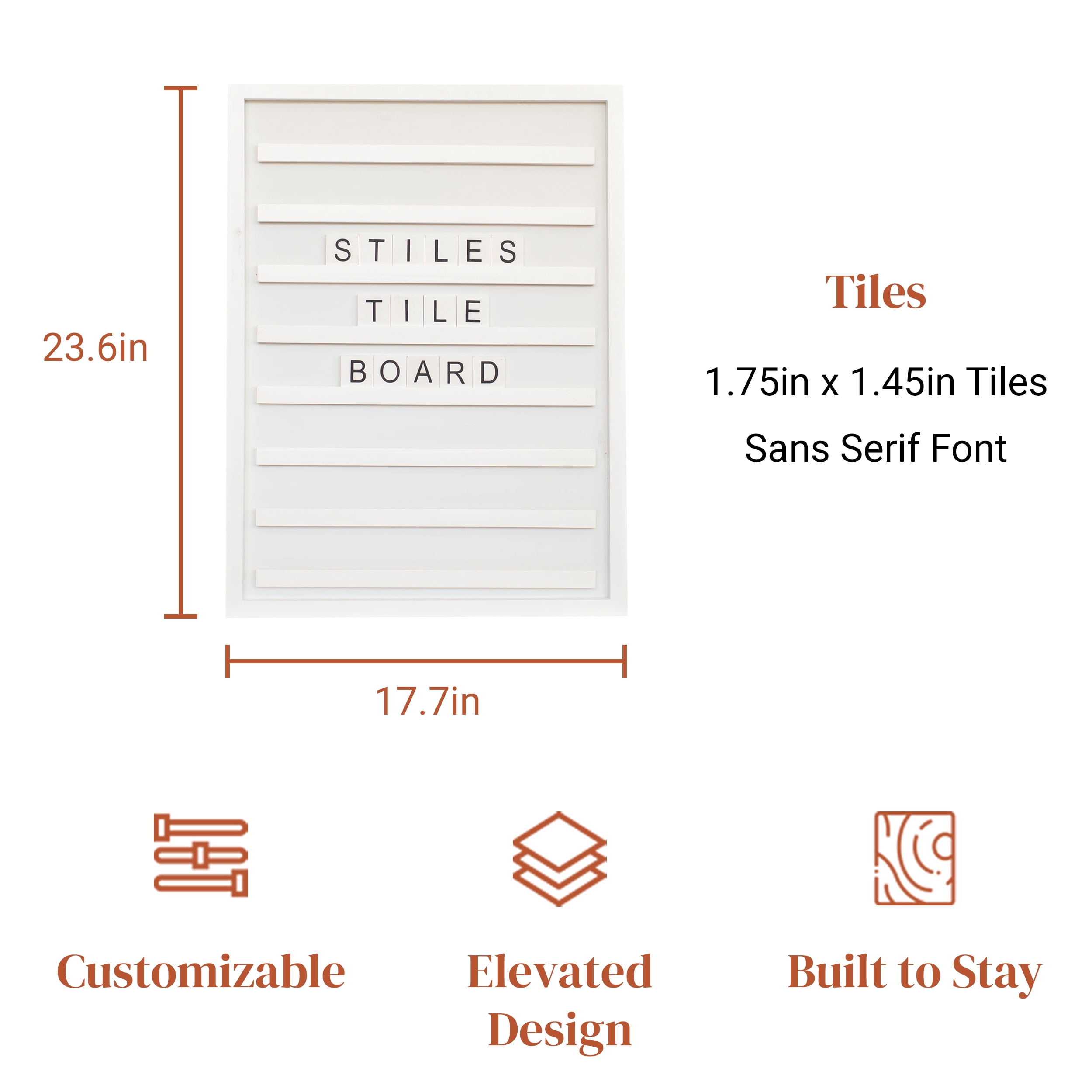 Stiles Tile Letter Board Set, Wooden Message Board with 122 Letters and Numbers for Celebrations, Baby Announcements, or Milestones, 23.6 by 17.7 Inches, White