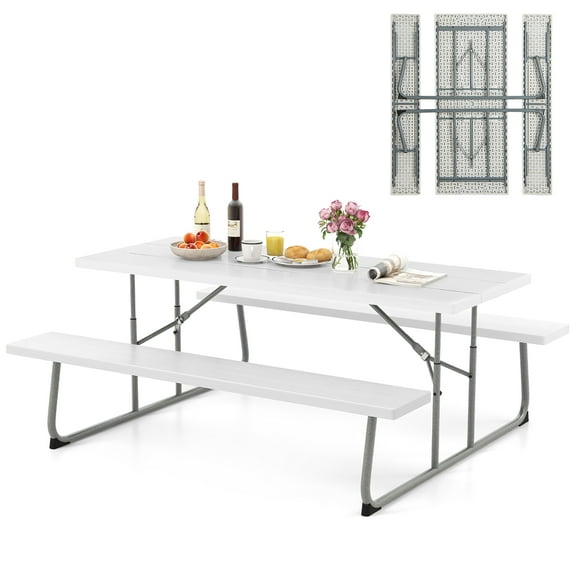 Gymax Folding Picnic Table w/ 2 Benches 6 FT Camping Table Set w/ All-Weather HDPE Tabletop White