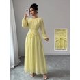thumbnail image 7 of Light Yellow Womens Elegant Chiffon Ruched Round Neck Long Sleeve Maxi Dress For Summer Picnic Holiday, 7 of 7