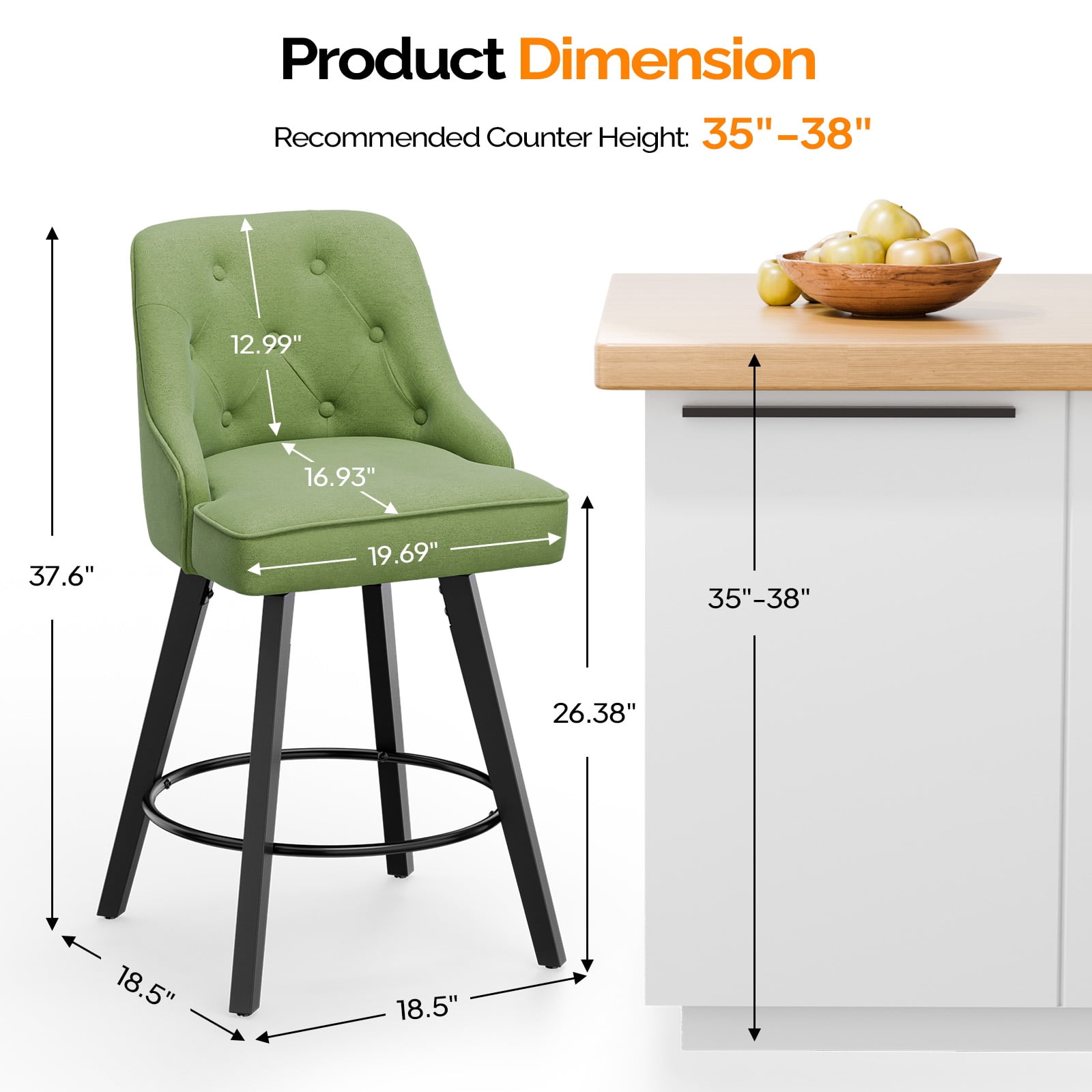 Zimtown Modern Swivel Barstools with Back, 26" Counter Height Bar Stools Kitchen Island Dining Chairs Set of 2, Forest Green
