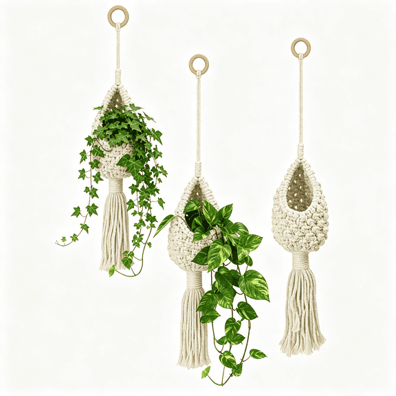 Macrame Plant Hanger 3 Pack Handmade Cotton Rope Hanging Planter Holders, Boho Indoor Outdoor Flower Pot Decor (Boho White)