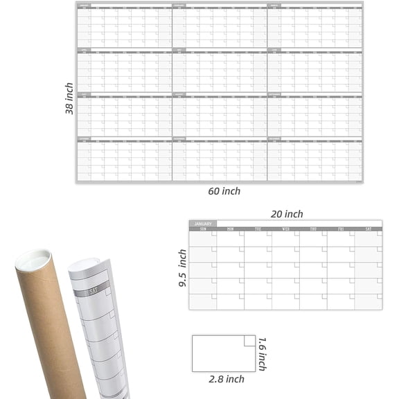 Dry Erase Wall Calendar 60"x38" Undated Giant Laminated | Hot Sale | Reusable 12-Month Planner for Classroom Office Family Project Schedule