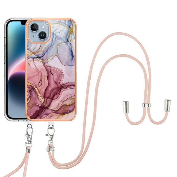 Mantto for iPhone 14 Case, with Lanyard Adjustable Strap, Marble Pattern Soft TPU Bumper Hard PC Back Shockproof Protective Glossy Stylish Durable Phone Case for Women Girls,Rose-carmine