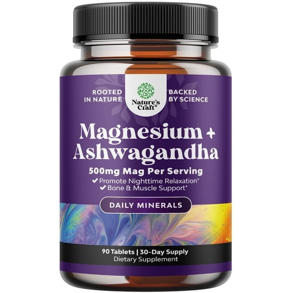 Magnesium Glycinate 500mg per serving with Ashwagandha Root - Calming Supplement for Women and Mens Bone Health Immunity Mood Support Heart Health and Muscle Recovery Mineral Supplement