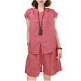 thumbnail image 2 of Stichou Women's 2 Piece Crew Neck Matching Lounge Sets Clothing Linen Spring Short Sleeve Shirt and Shorts 2026 Summer Vacation Outfit Watermelon Red L, 2 of 4