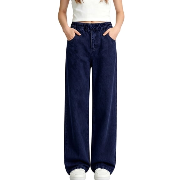 Girls' Wide Leg Denim Jeans, Elastic Pull‑on Waistband, Side Pockets, Loose Fit, Soft Denim, Multi‑Color Easy‑wear Casual Home‑wear Occasions, Girls Pull On Jeans Dark Blue 13-14 Years