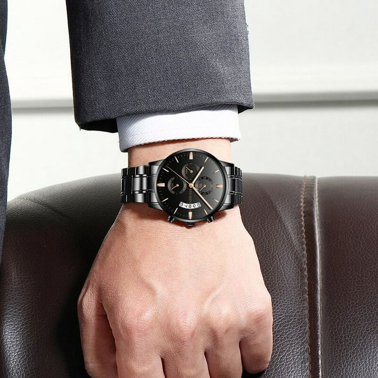 Fashion Mens Watches Luxury Black Stainless Steel Quartz Wrist Watch Man  Business Watch for Men Calendar Clock Reloj Hombre