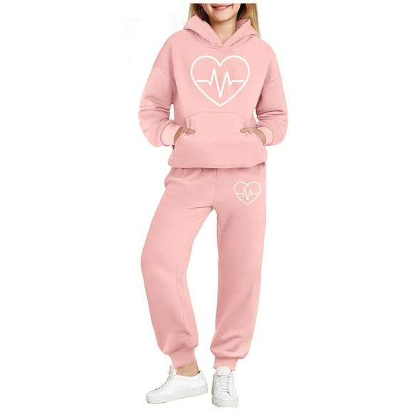 IVEYRTF Girls Fashion Cute Heart Print Hooded Sweatshirt Set Long Sleeve Crew Neck Tops with Pants Fall Winter Fleece Lined Sporty Two Piece Outfit for Kids(Pink,10-11 Years)