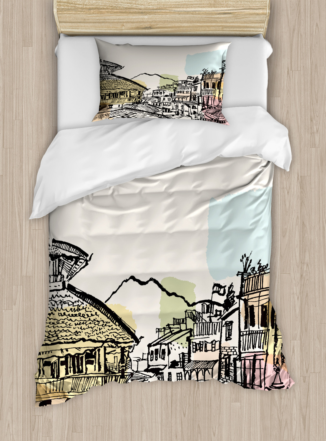 Nepal Twin Size Duvet Cover Set, Hand Drawn Temples of Durbar Mountains and Buildings in