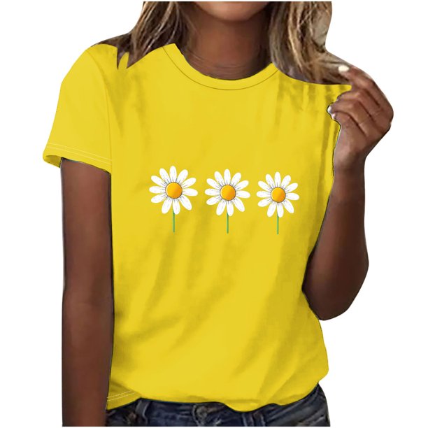 Tops de Manga Corta de Algodón para Mujeres, Moda Impresa Cuello Redondo Blusa Casual para el Hogar Y el Uso Diario