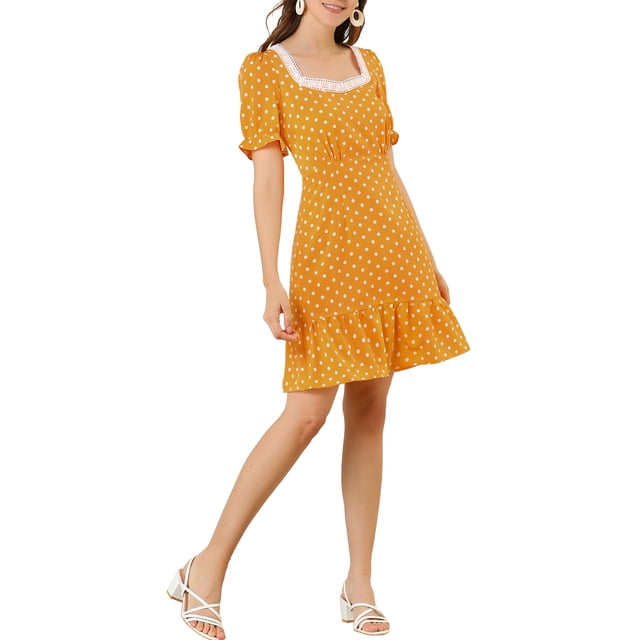 Vestido Casual de Cuello Cuadrado con Volantes y Estampado de Puntos para Mujeres Inspire Chic, S, Amarillo Oscuro
