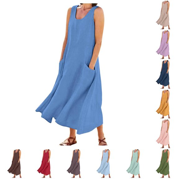 XIAONU U Neck Tank Dress for Women Sleeveless Pocket Flowy Summer Midi Dress