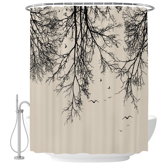Beige Black Branches Shower Curtain Set - 72" x 78" Washable Bathtub Curtain with 12 Hooks, Botanical Dead Tree Birds Waterproof Fabric Stall Shower Curtains for Bathroom/Bathtub Décor
