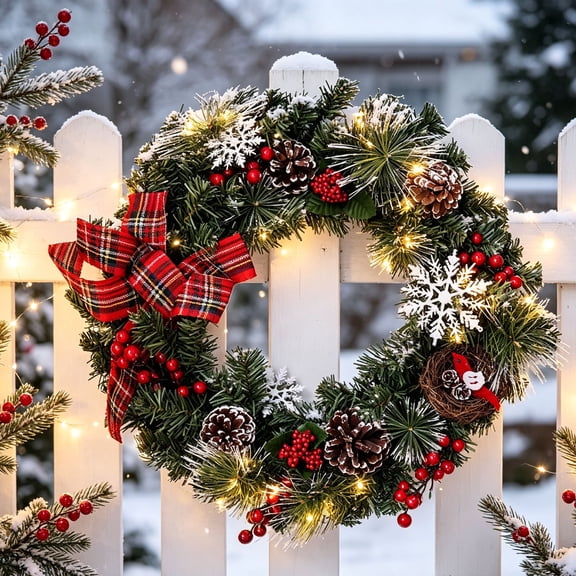 Christmas Wreath, 18 Inch Artificial Wreath with Plaid Bow, Pinecones, Red Berries, Snowflakes, Bird, Winter Hanging Front Door Decor