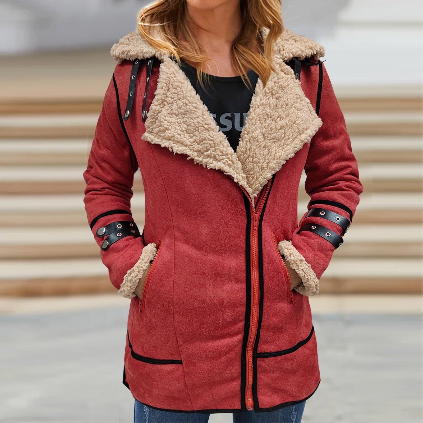 Pgeraug for women Men Plus Size Coat Lapel Collar Long Sleeve Padded Leather Jacket Thicken Coat Sheepskin coats for women Red L Walmart.com