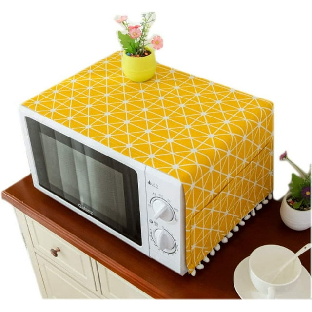 Microwave Oven Cover Dustproof Cotton Machine Protector Decorative Kitchen Appliance Cover with Side Storage Pockets(Yellow Chess Board)