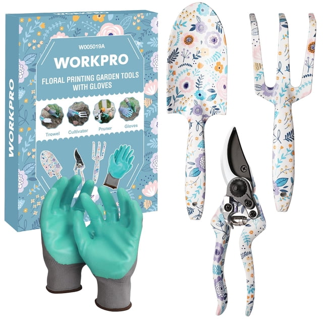 Juego de herramientas de jardín WORKPRO de aluminio, 4 piezas, con paleta, rastrillo y podadora