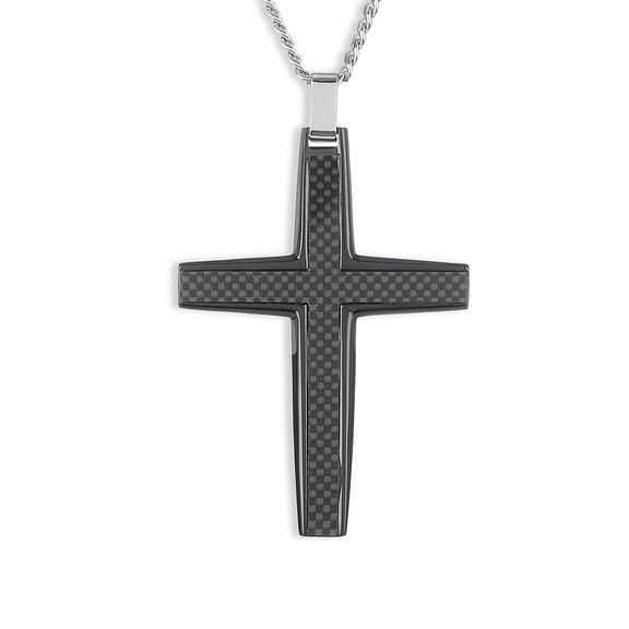 Crucible Jewelry Men's Large Size Carbon Fiber Black Plated Stainless Steel Cross Necklace