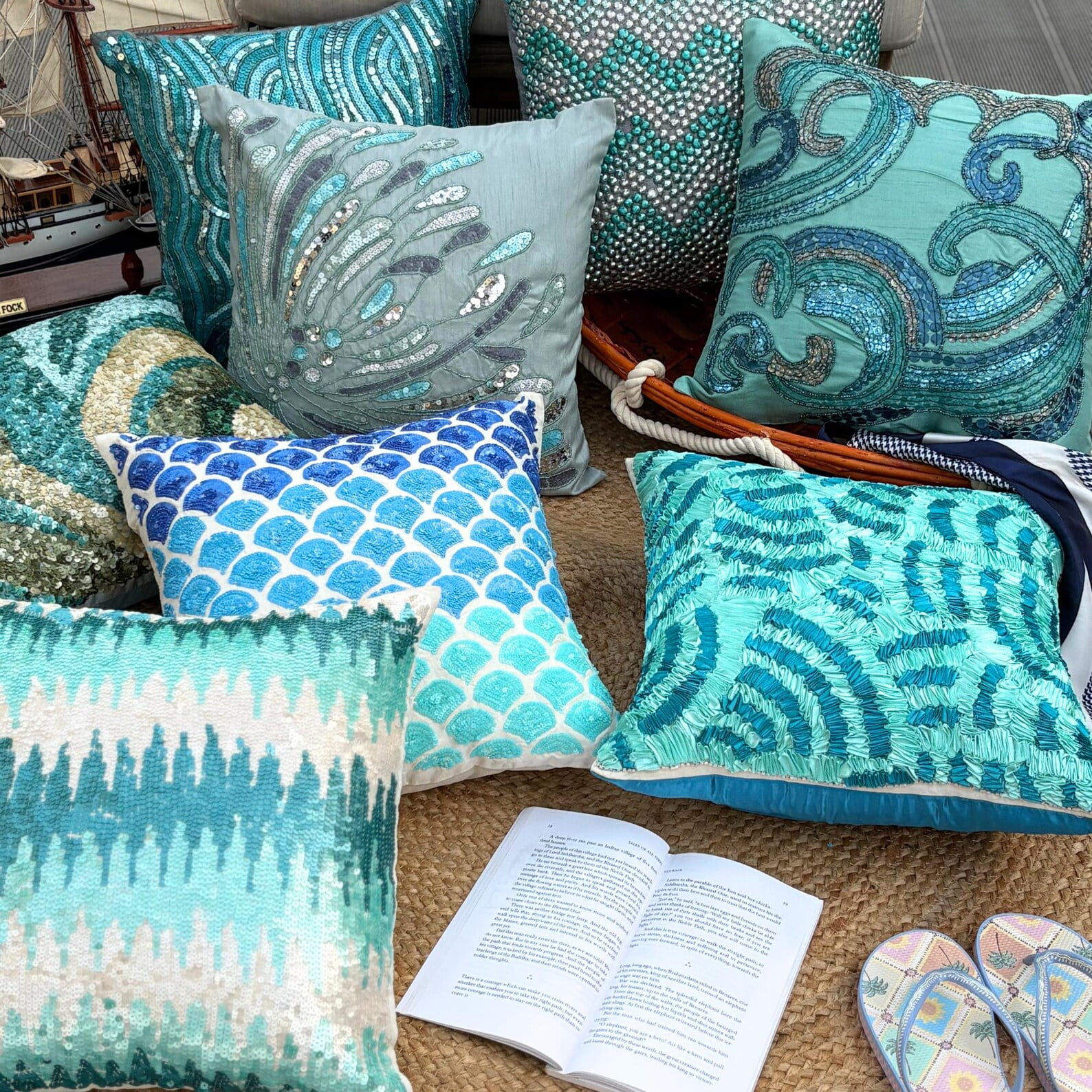 Custom Cushion Cover, Aqua Blue Decorative Pillow Cover&nbsp;For Sofa 16x16 inch (40x40 cm), Silk Pillowcase&nbsp;With Zipper, Abstract, Waves, Sequins Embellished, Mediterranean Throw - Tides
