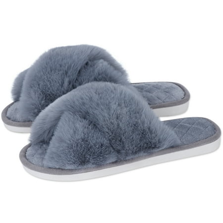 

Finvizo Fuzzy Slippers Women s Cross Band Fluffy Slippers Open Toe Furry House Slippers Size 10 11 Grey
