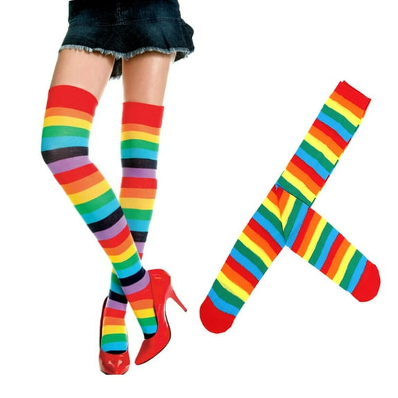SEWCHICS 4pcs Printing Long Stockings Colorful Socks Colorful Clown Tube Socks Rainbow Stripes Cosplay Dress Up Props for Women Girls(1 Pair Stripes Pair Stockings)