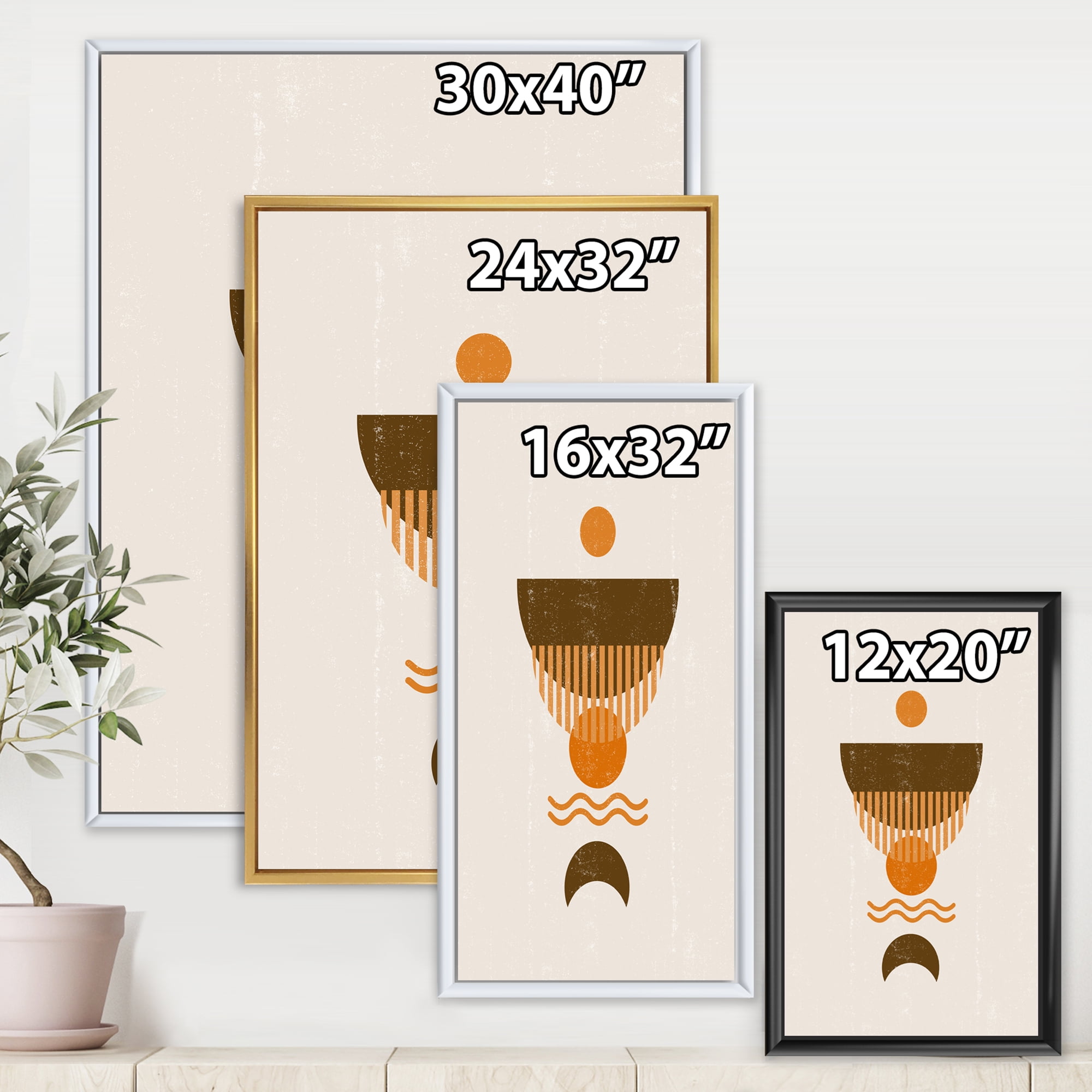 Designart 'Abstract Minimal Brown Moon and Orange Sun' Modern Framed Canvas Wall Art Print