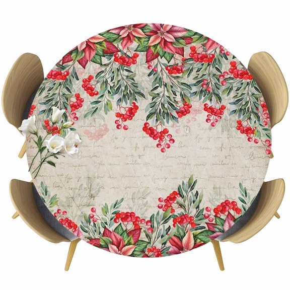 Round Table Cover 55-60 Inch Red Christmas Waterproof Reusable Table Cloth Round Fitted Vinyl Tablecloth with Elastic Edged for Parties Outdoors, Poinsettia Berry Xmas Botanical Vintage